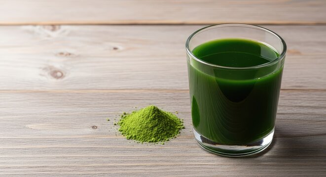 Green wolffia superfood drink in a glass on a rustic wooden background next to a heap of fine powder, highlighting organic liquid nutrition, vegetarian, nutrition, wooden