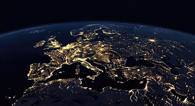 Glowing golden urban lights illuminate a vast continental landmass seen from high above during the night against a dark black ocean surface, city, evening, view