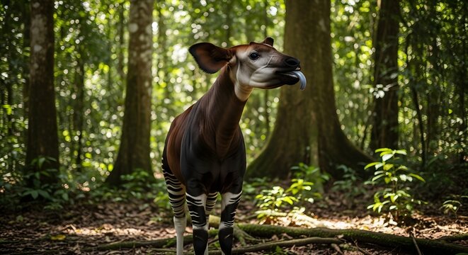 Okapi standing in the rainforest. Rare forest giraffe in its natural jungle habitat.