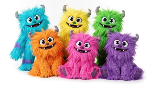 Six adorable fuzzy monsters with vibrant colorful fur and cheerful expressions pose together against a clean background in a studio shot, plush, fun, cute