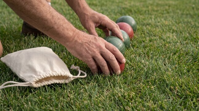 Hands picking up green and red bocce balls from green grass next to a canvas bag