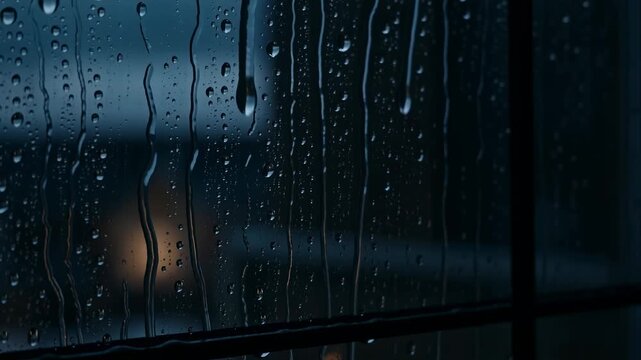 Raindrops on a windowpane amidst twilight gloom with subtle city lights