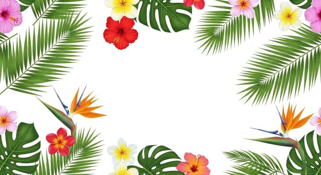 Vivace motivo tropicale continuo caratterizzato da lussureggianti foglie di palma verdi e vibranti fiori esotici dai colori brillanti, repeat, hibiscus, flowers