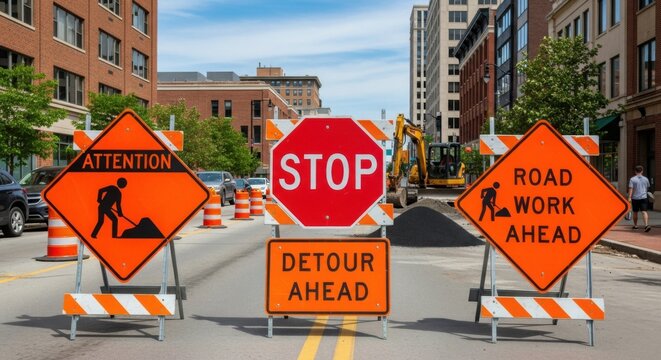 Road Construction Signs Disrupting City Traffic With Detour Ahead And Stop Sign Warning Drivers