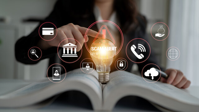 Woman Pointing to Light Bulb with Scam Alert Icons in Business Environment, Illustrating Financial Security Awareness and Fraud Prevention Measures. Glyphic.