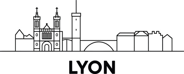 Lyon skyline outline drawing, simplified architectural landmark silhouette of France city, linear urban building profile with cathedral and historic bridge © pyenga