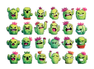 Cactus plant cartoon vector set. Flower pot succulent character mascot comic face smile emotion angry sad happy wild exotic dessert mexico botany nature flora isolated on white © ONYXprj