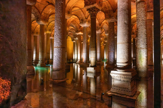 Fatih, Istanbul, Turkiye - 26 July 2026: View of the Basilica Cistern with its iconic rows of ancient stone columns reflecting in the shallow water, illuminated by warm ambient lighting.