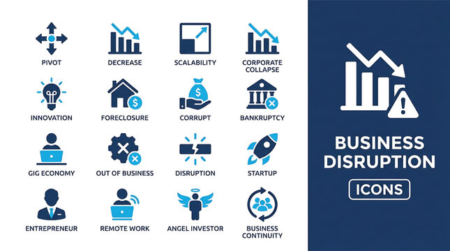 Business disruption icon set with startup and market decline