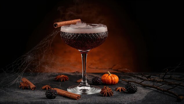 C&oacute;ctel oscuro de Halloween con espuma blanca, canela y calabazas sobre fondo negro
