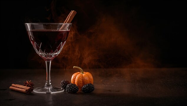 C&oacute;ctel de Halloween con humo naranja, calabaza peque&ntilde;a y atm&oacute;sfera oscura misteriosa