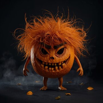 Calabaza monstruosa de Halloween con pelo naranja salvaje sobre fondo oscuro