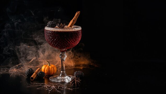 Bebida de Halloween en copa con hielo picado, canela y humo sobre fondo oscuro