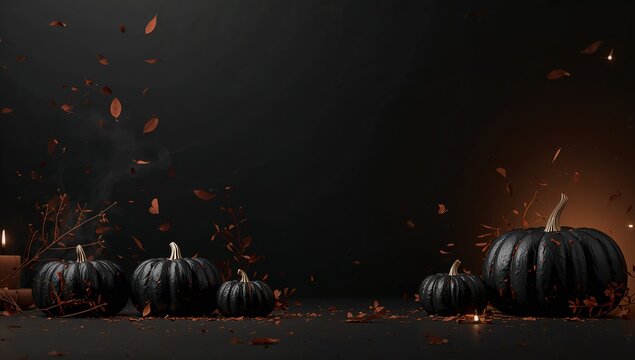 Fondo de Halloween oscuro con calabazas iluminadas y hojas oto&ntilde;ales en ambiente tenebroso