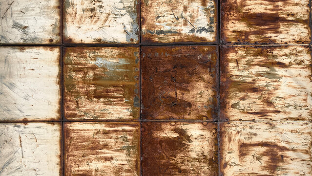 Abstract pattern of weathered metal panels with rust, oxidation, scratches, and weld seams, creating an industrial grid texture in warm brown and beige tones.