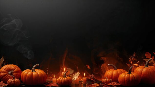 Fondo tenebroso de Halloween con calabazas, hojas flotantes y luz c&aacute;lida en la oscuridad