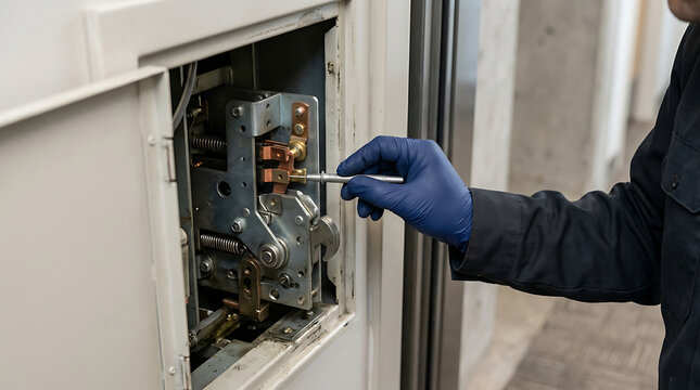 Close up of technician hand in blue glove inspecting elevator door lock mechanism. Maintenance worker adjusting mechanical interlock system with a probe tool