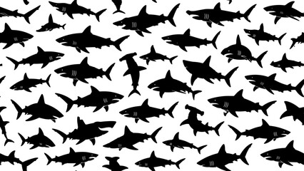 Fototapeta premium Shark silhouette pattern with varied swimming poses, fins, streamlined bodies, and dense marine repetition, sharks, fish, swimming