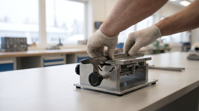 Gloved hands securing a hockey skate blade into a metal sharpening jig machine on a workbench