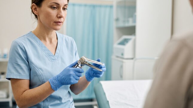 Female clinician holding a vaginal speculum while preparing for a gynecological examination in a medical clinic