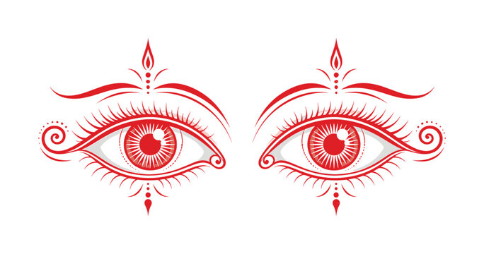 Red stylized eye symbol pair with decorative lashes, spiral corners, and bold symmetrical line art, eyes, red, lashes, spirals,