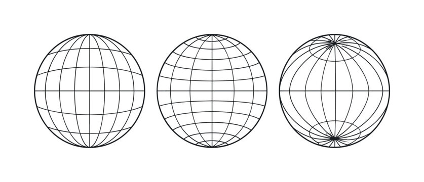 Globe outline collection with three spherical grid variations in black and gray linework, globe, grid, spheres, world, outline,