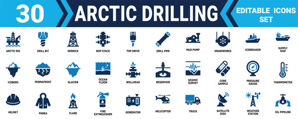Set of thirty arctic drilling equipment icons showing oil extraction tools and cold climate machinery Minimal solid fill icon set bundle collection. Editable Vector Illustration Mega pack © Sumon Sorkar