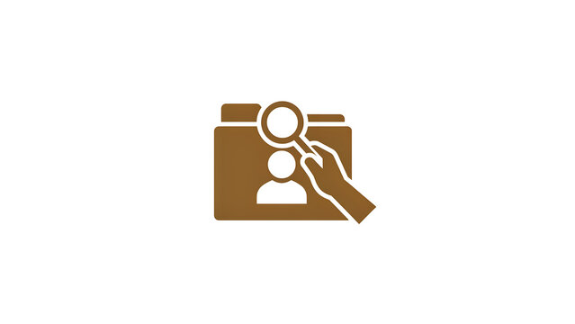 Brown profile folder icon with magnifying glass, human resources recruitment symbol, candidate search and employee data management concept