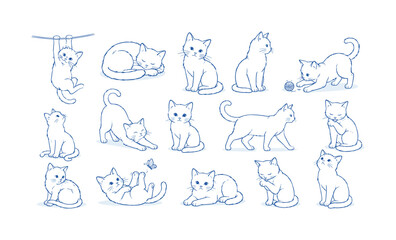 Fototapeta premium Blue line art cat collection with hanging kitten, sleeping cat, seated cats, and playful feline poses, cats, kittens, blue,