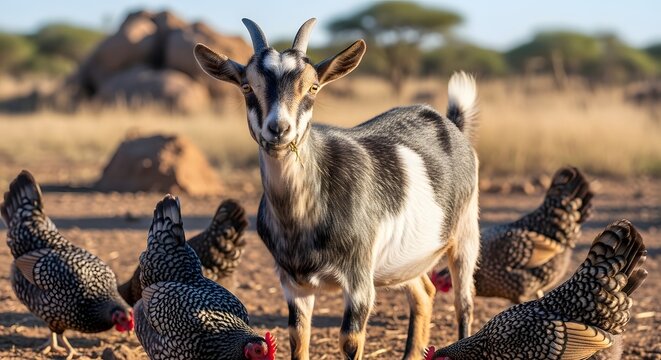 Goat standing with chickens on a farm. Livestock grazing together in a rural field.