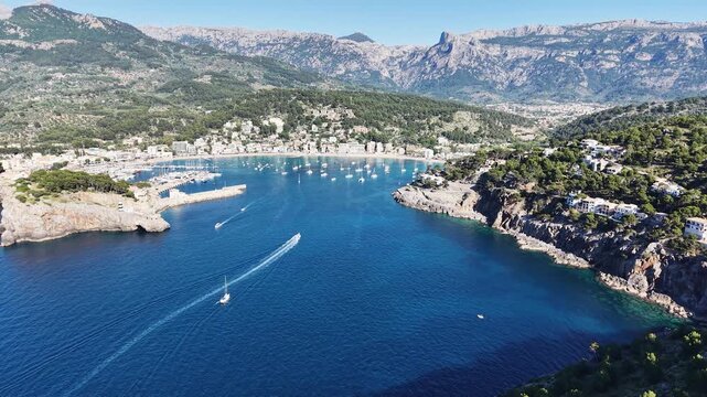aerial view of Port Soller harbour, Mallorca at summer, Spain
