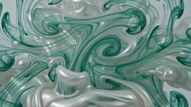 Macro Fluid Dynamics of Emerald Green Ink and Pearl White Paint