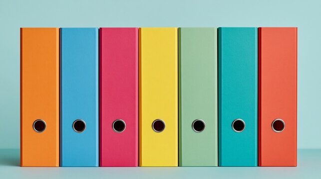 Row of colorful ring binder folders on a desk