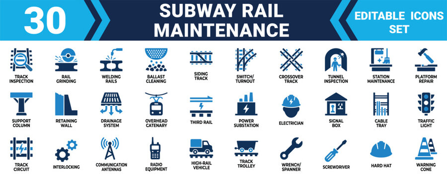 Set of 30 subway rail maintenance icons including track repair tools and technical infrastructure symbols Minimal solid fill icon set bundle collection. Editable Vector Illustration Mega pack