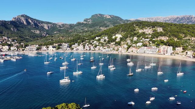 aerial view of Port Soller harbour, Mallorca at summer, Spain