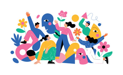 Fototapeta premium Diverse group of people interacting with abstract shapes and flowers in a vibrant illustration