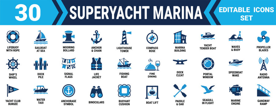 Set of thirty professional superyacht marina and nautical travel icons for marine industry design projects Minimal solid fill icon set bundle collection. Editable Vector Illustration Mega pack