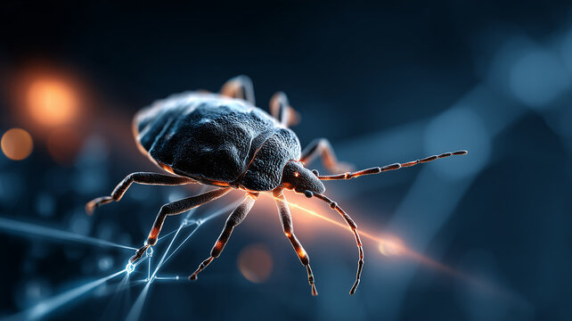 A computer bug crawling across a digital network representing software vulnerability and malicious cyber threats

