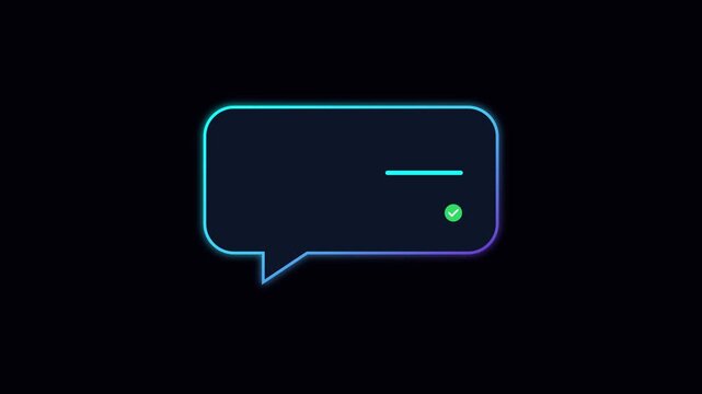Neon chat bubble with animated typing indicator and checkmark for digital communication and messaging apps animation 4k