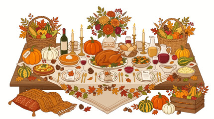 Fototapeta premium Thanksgiving Dinner Table Setting with Roasted Turkey and Autumn Decorations