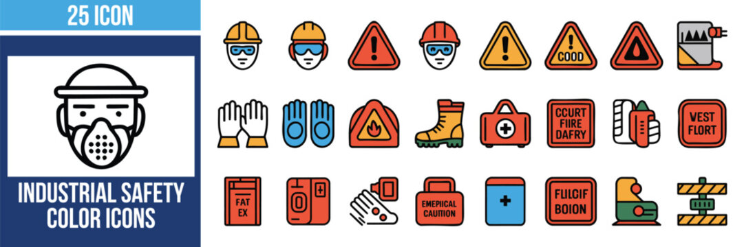Industrial Safety Sign Warning Flat Vector Icon Set Collection