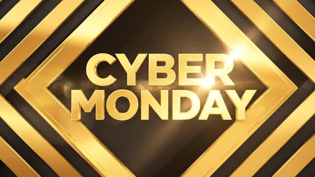 Gold 3D Cyber Monday text with geometric metallic frames