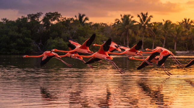 flock american flamingos flying coastal lagoon