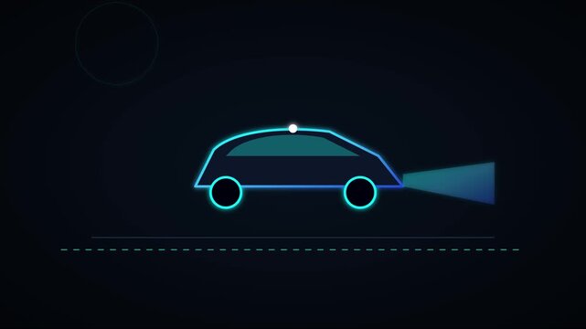 Neon electric car concept animation: futuristic autonomous vehicle driving with glowing headlights and digital interface 4k
