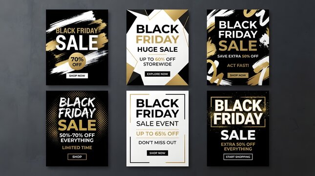 Set of six professional black friday sale social media templates with elegant gold and black luxury design for retail marketing campaigns
