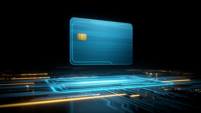 A payment card with an embedded chip floating above circuitry represents digital banking secure transactions and financial technology.
