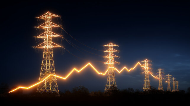 Power transmission towers crossed by a fluctuating graph represent electricity market analysis energy demand and changing utility costs.
