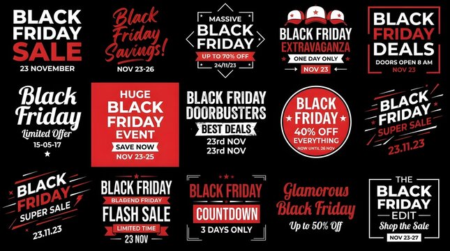 Collection of various black friday sale typography labels and badges for retail marketing events on a dark black background setting