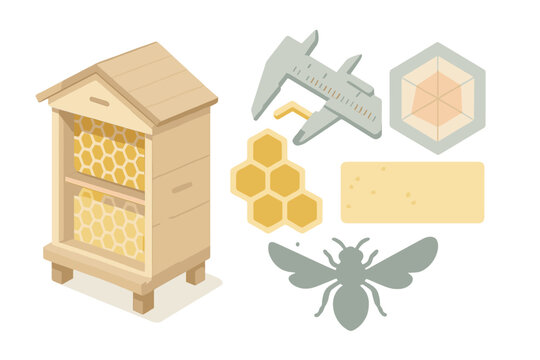 Beehive and beekeeping tools illustration with honeycomb and bee elements
