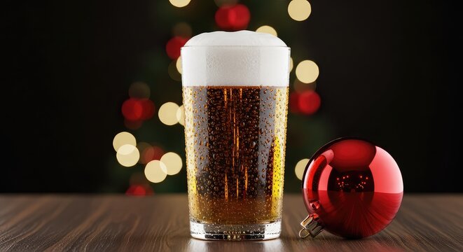 A cold glass of golden beer with white foam stands on a wooden table beside a shiny red Christmas ornament with festive holiday lighting, interior, golden, beverage